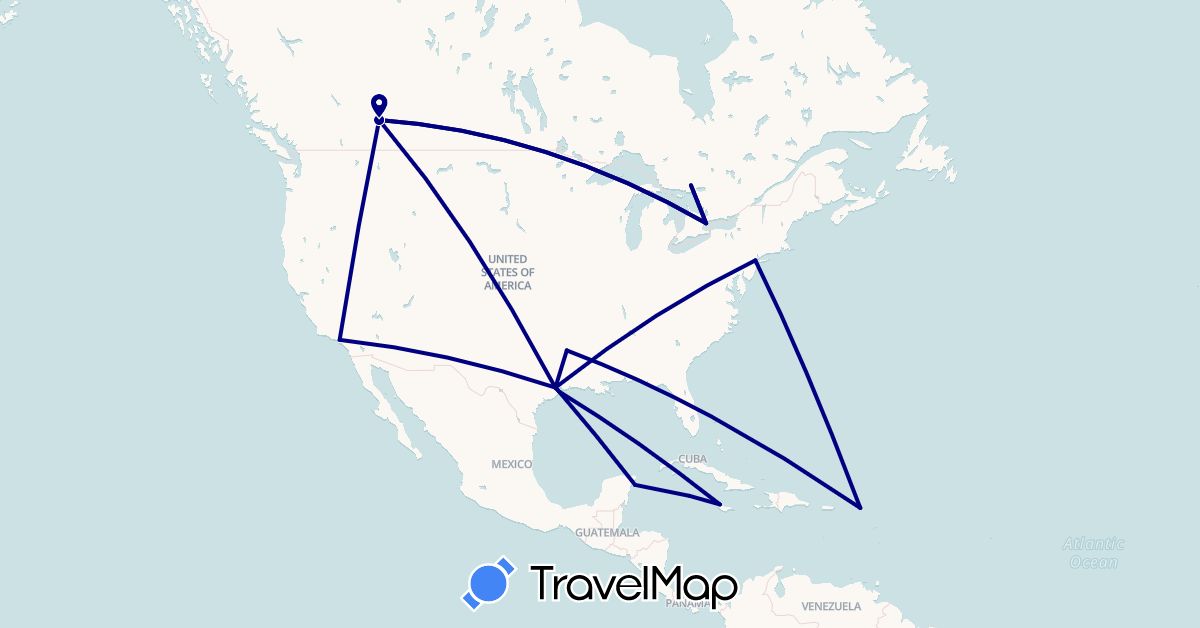 TravelMap itinerary: driving in Anguilla, Canada, France, Jamaica, Cayman Islands, Mexico, United States (Europe, North America)